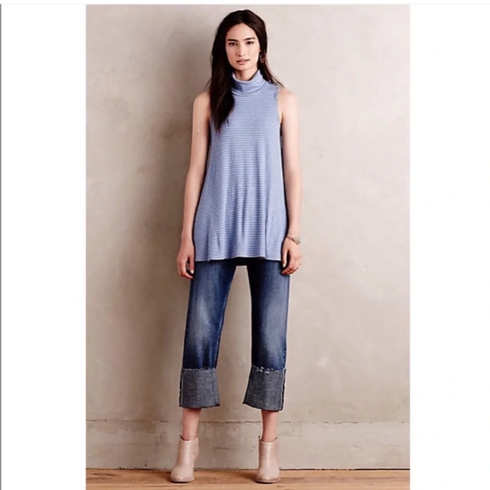 Anthropologie Puella Striped Blue Grey Gray Sleeveless Turtleneck Top Women’s M - Picture 2 of 15